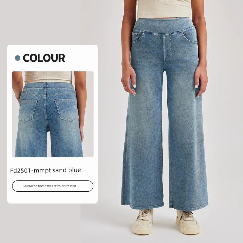 

and American Style Plus-Size Short Sports Wide-Leg Jeans for Women, High-Waisted, Slimming, Distressed, Loose Casual Cropped Straight-Leg Pants Sand Blue - Whiskered Monkey S (Size Is Too Large)