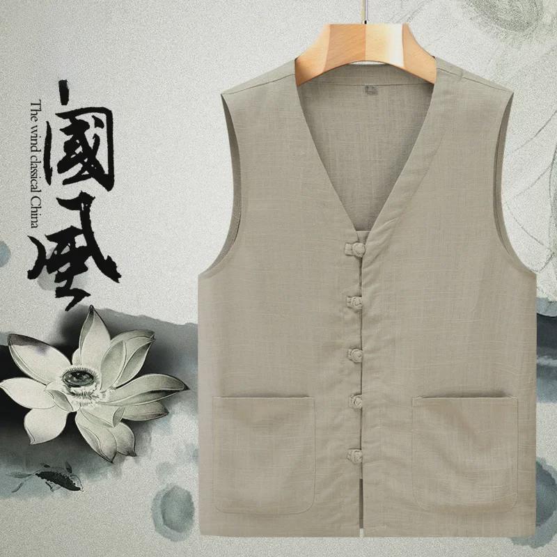 

Мужской летний легкий жилет из хлопка и льна в стиле Тан M