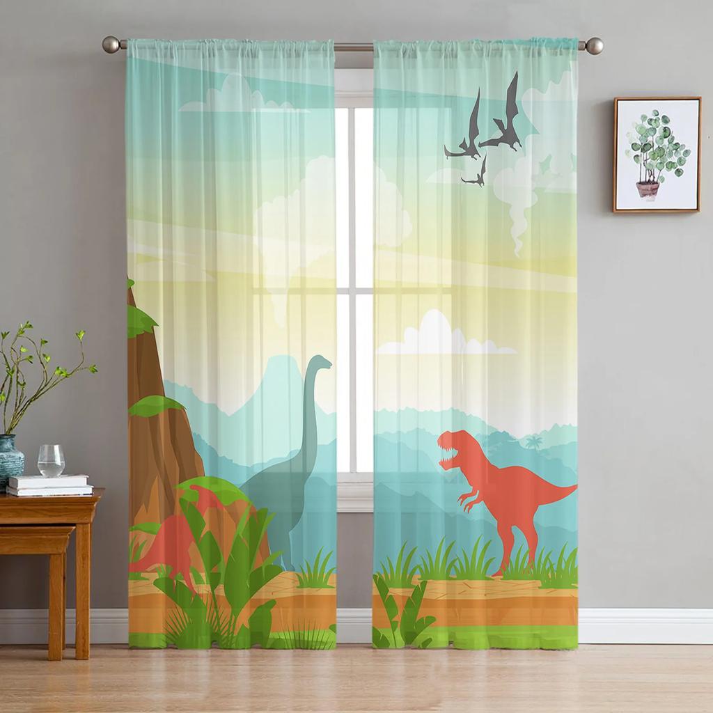 Dinosaur Jungle Curtain Window Tulle Living Room Bedroom Kitchen Chiffon Treatment Decorations Sheer For Sitting Made Of Polyester