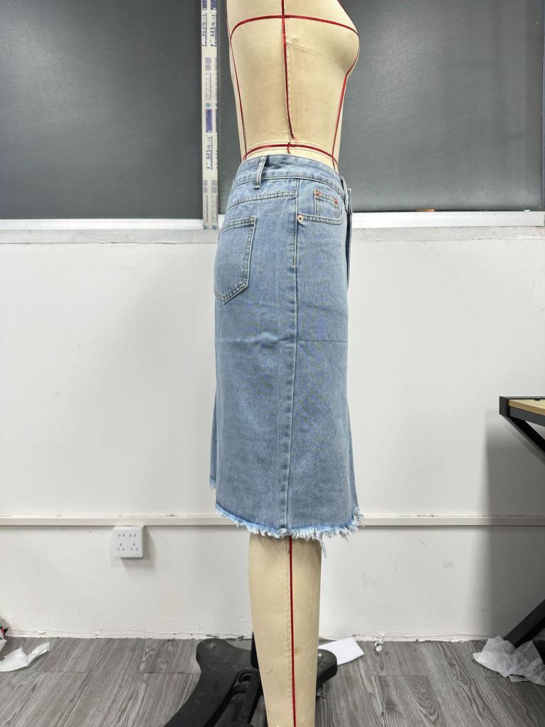 Women's High-Waisted Mid-Length Split Denim Skirt - European & American Style