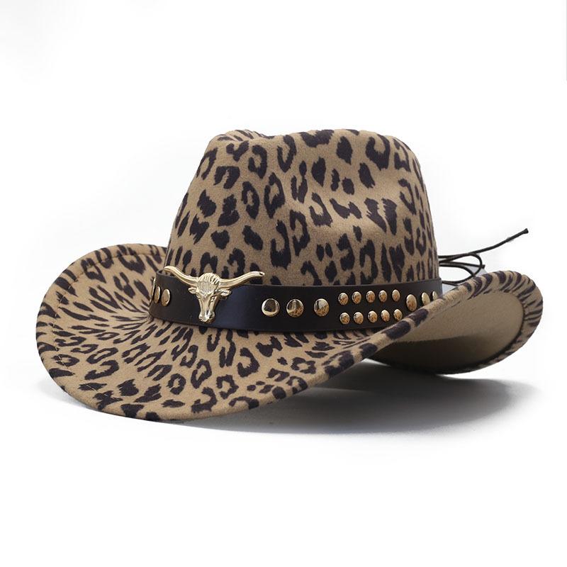 European and American leopard print felt hat men's and women's retro western cowboy hat outdoor woolen jazz hat street fashion top hat