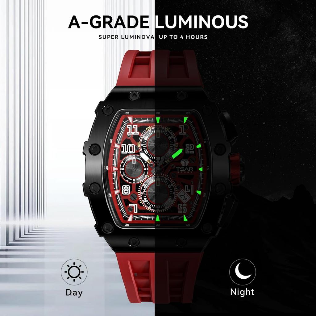 TSAR BOMBA 5 ATM Water Tonneau Stainless Barrel Men's Wristwatch, Resistant, Shape, Steel, Business, Sports, Luxury, Fashion, Casual, Shape, Black/Red