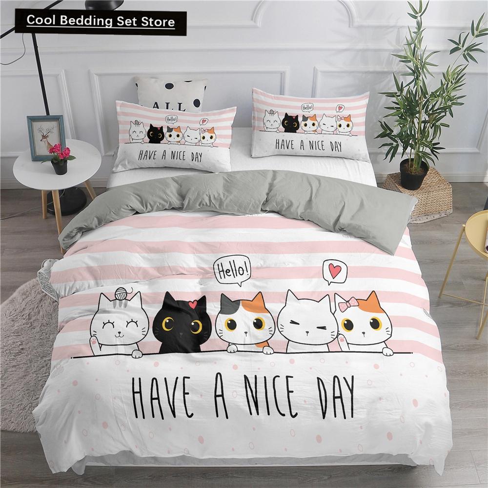 Cartoon Bedding Set Cute Cats Printed 3D Duvet Cover Set Twin Full Queen King Double Sizes Pillowcase Bedclothes Soft Polyester
