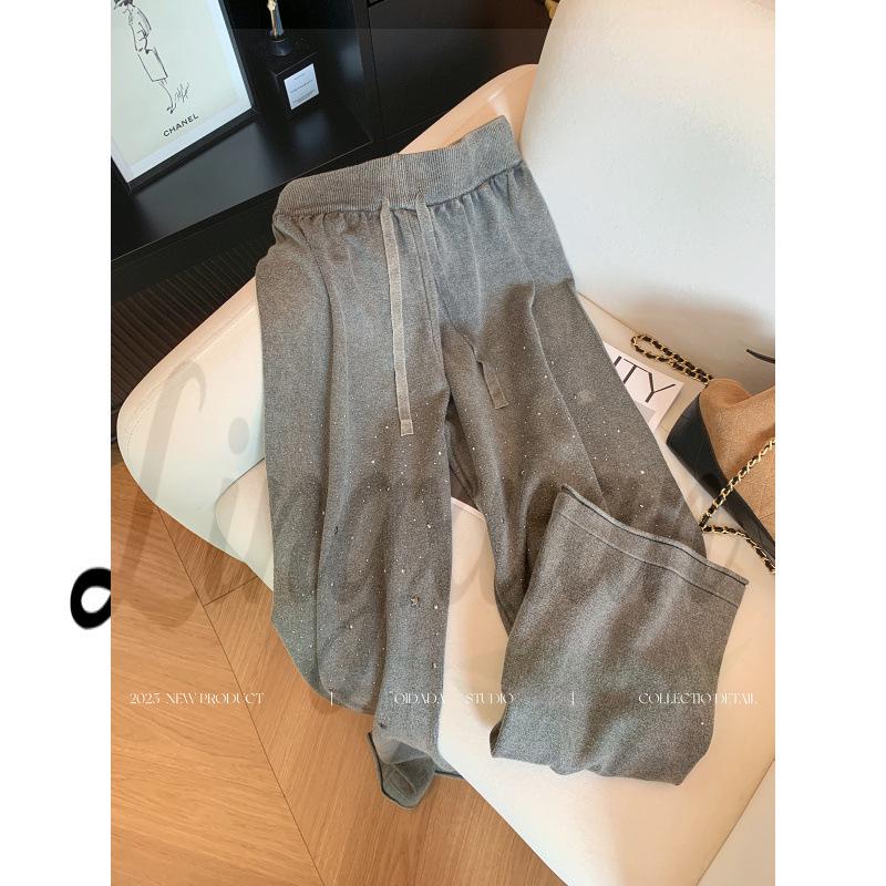

Luxury Retro Knit Straight-Leg Pants with Crystal Embellishments - Women s Stylish Casual Autumn/Winter Sweater-Like Trousers Small