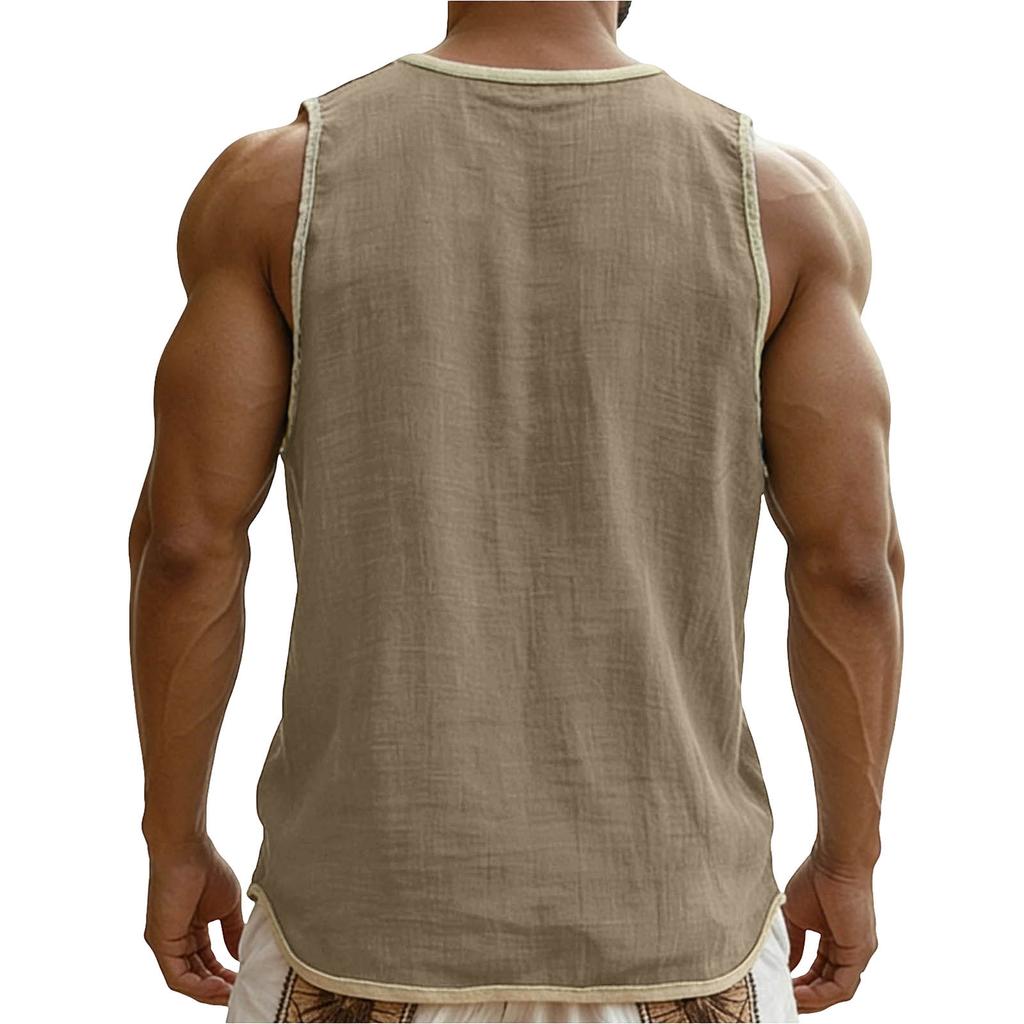 Men Color Block Sleeveless Muscle Workout Gym Shirts Casual Button Down Slim Fit Tee