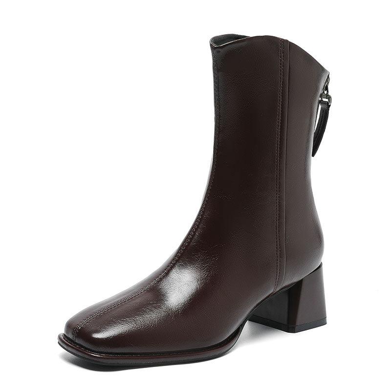 Thick heel short boots women's 2024 new medium boots diagonal brown French small short boots square head high heel thin boots
