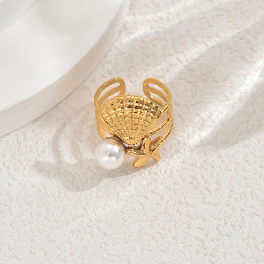 2025 new ocean style women's ring personalized inlaid pearl shell design open ring high-end jewelry