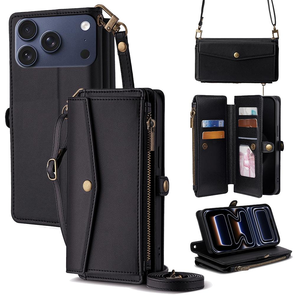 For iPhone 17 Pro Case Card Slots Zipper Purse PU Leather Phone Cover with Shoulder Strap