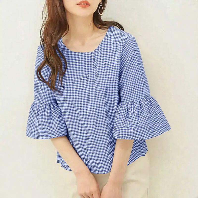 

ZANZEA Женская летняя блузка с круглым вырезом и рукавами 3/4 в клетку 5XL синий