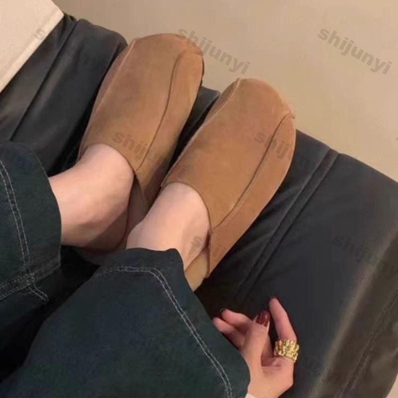 Mode Damen Schuhe mit dicker Sohle Geschlossene Zehenpartie Runde Zehenpartie Wildleder Halbschuhe Damen Herbst Winter Neu Flache Slingback Slipper Baumwollpantoffeln