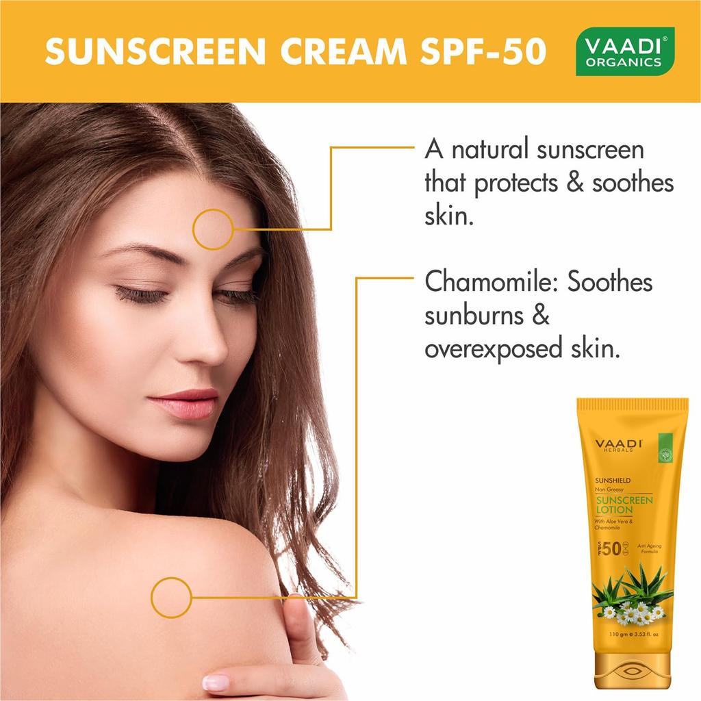 Vaadi Herbals Sunscreen Lotion SPF 50 With Aloe Vera & Chamomile Lightweight Non Greasy Sun Protection Lotion For Face & Body 110 ml