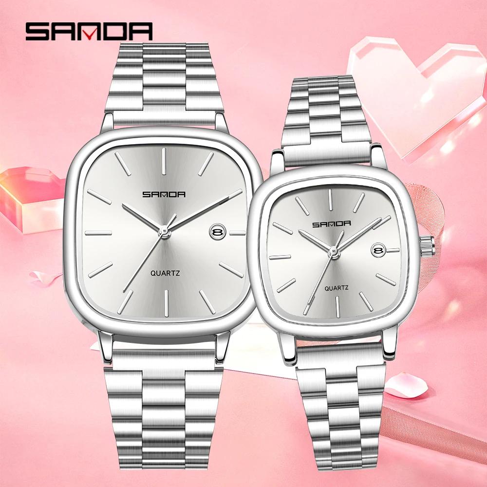 Fashion Square Dial Couple's Wristwatches Men Women Casual Daily Calendar Watch Waterproof Steel Strap Relojs