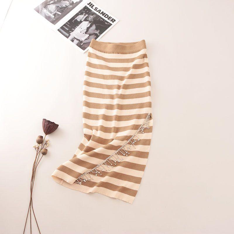 

Color Matching Rhinestone Chain Stylish Skirt Niche Style Foreign Trade Original Order Oblique Slit Hip Knitwear Skirt Green M