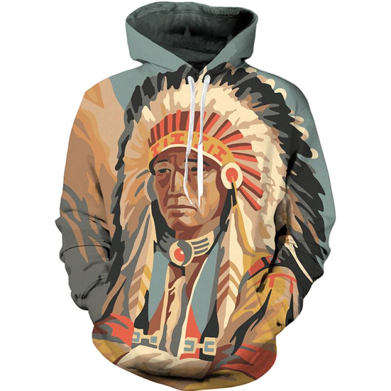 Colorful Jungle Chief Fleece Sweatshirt, Men's Thick Warm Hooded Pullover, Rich Scenic Native Chieftain Motif Hoodie for Artistic Street Matching