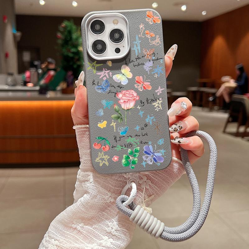 Husă mată rezistentă la șocuri, color trandafir, imprimeu floral, pentru iPhone 16 Pro Max 15 14 Pro 13 12 11, cu șnur moale, protecție pentru lentile, husă subțire din piele cu textura pentru telefon