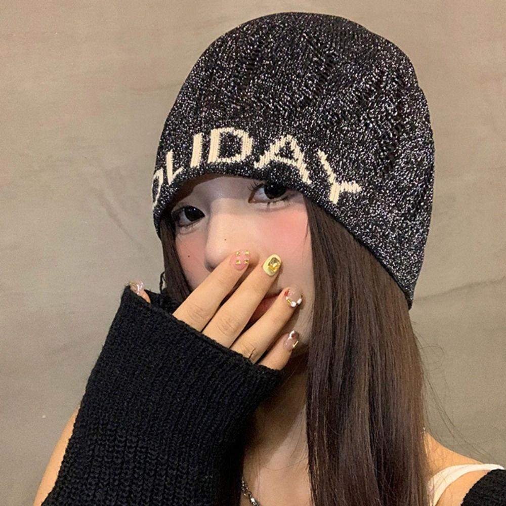 Hollow Sequin Knitted Hat Cool Knitted Pullover Hat Punk Letter Beanie Hat  Autumn