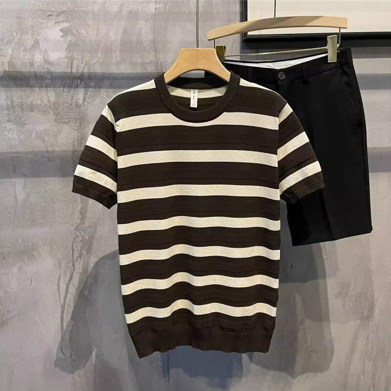 

Мужская модная трикотажная футболка с коротким рукавом в черно-белую полоску M кофейный