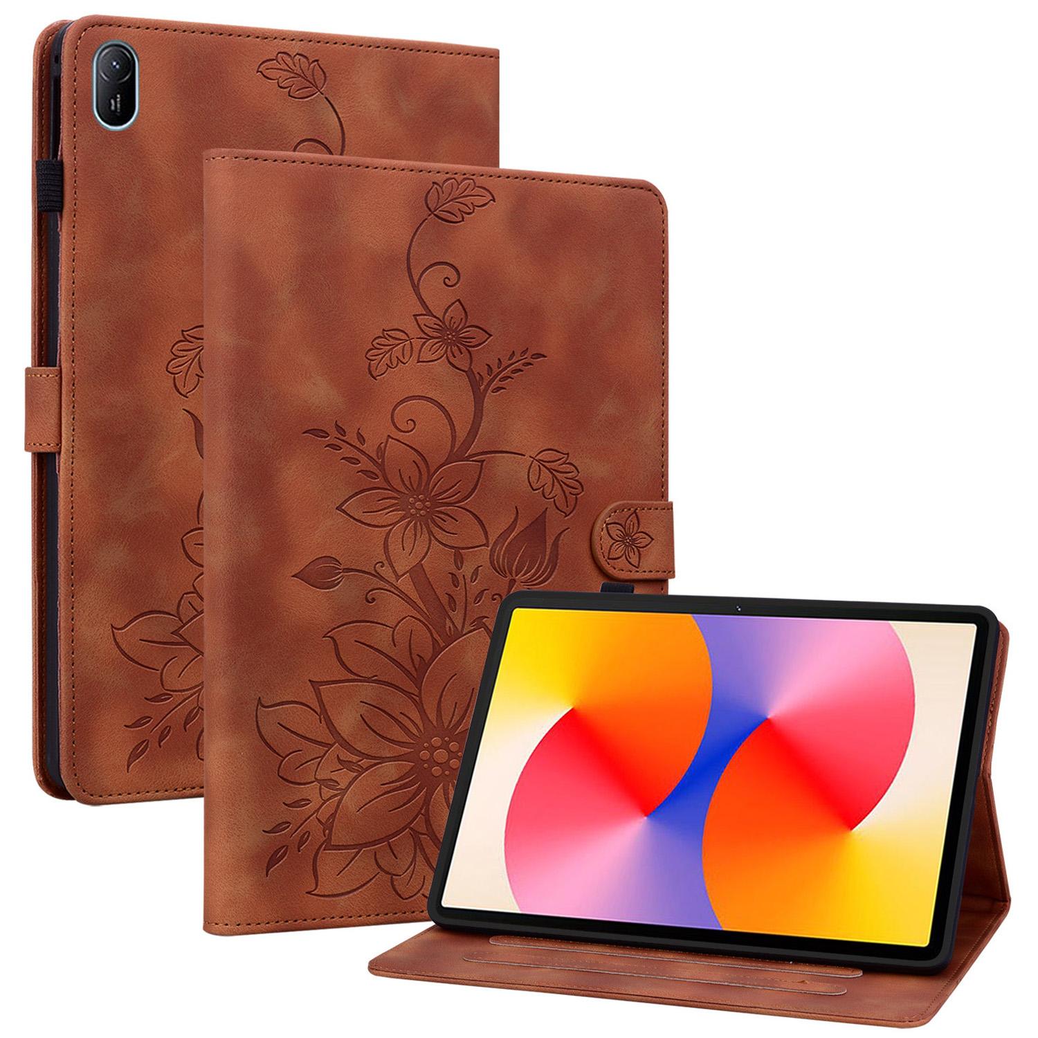 

For Huawei MatePad SE 11 Case Lily Flower Imprint Leather Tablet Cover with Card Slots Brown