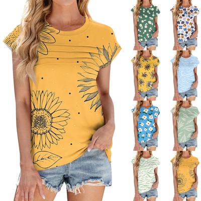 Women's Fashion Casual Short Sleeve Basic Texture Floral Round Neck T-Shirt Cap Sleeve Top