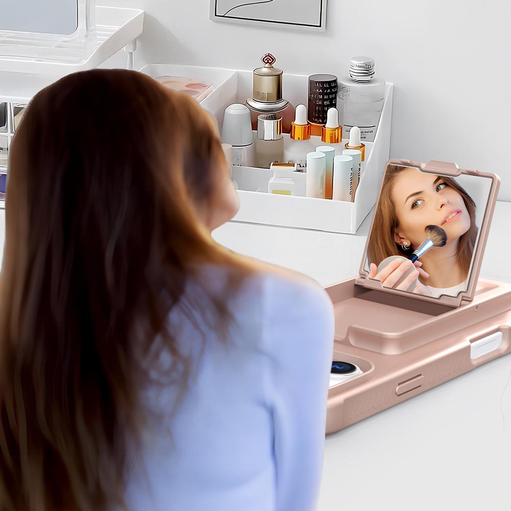 For iPhone 16 Case Skin-Touch Card Holder TPU+PC Phone Cover with Mirror Kickstand