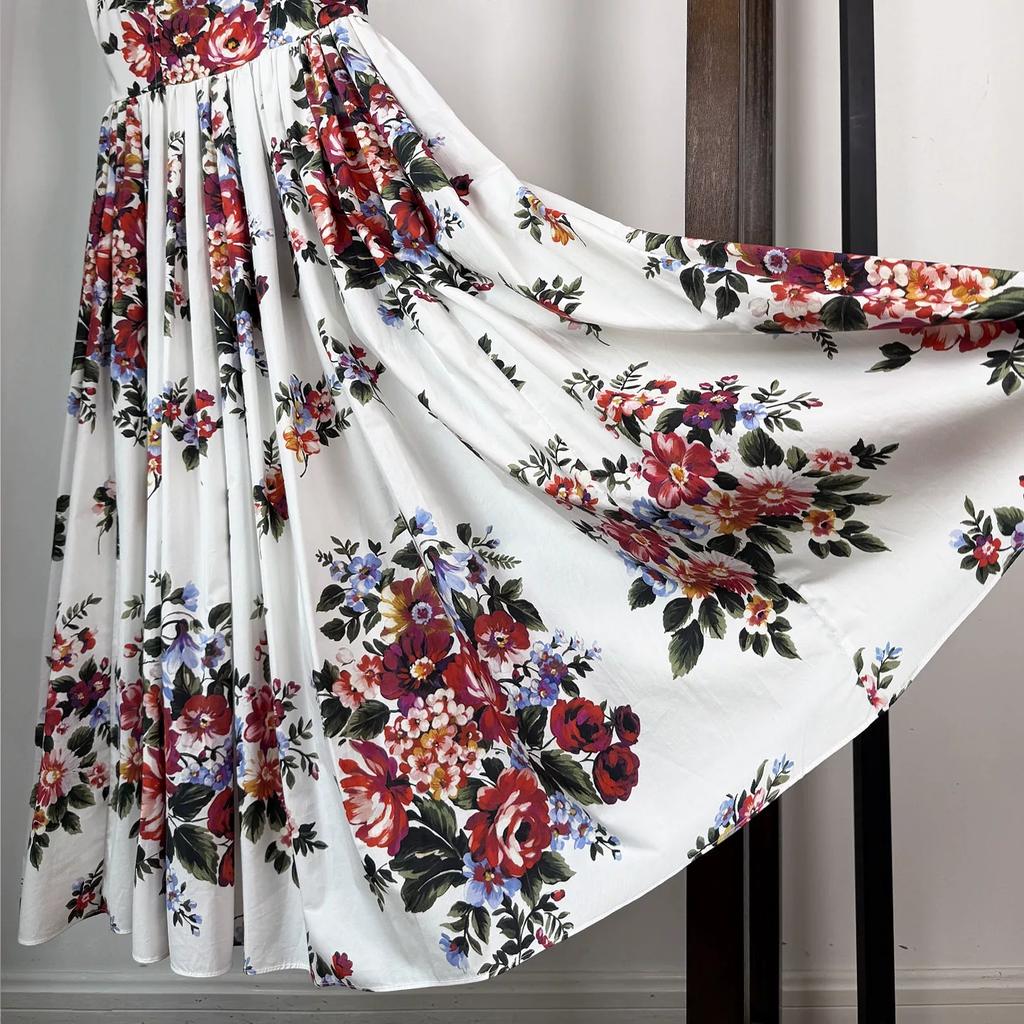 New Summer Holiday Elastic Floral Print Long Dress Women's Spaghetti Strap Cup Padded Backless A-Line Boho Midi Dress