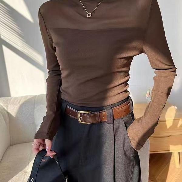 2024 Autumn Women's Retro Slim Fit Mesh Stitching Long-Sleeved Shirt with Half-High Collar