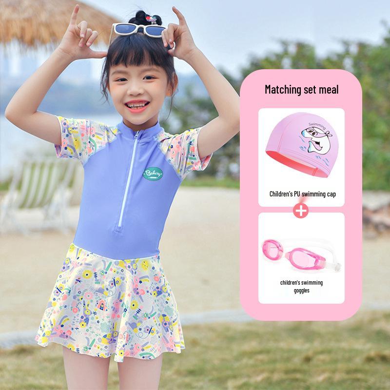2024 Girls' Cute Skirt-Style One-Piece Swimsuit: Short Sleeve, Sun Protection, Quick-Dry. Sizes for Young To Middle-Aged Kids.