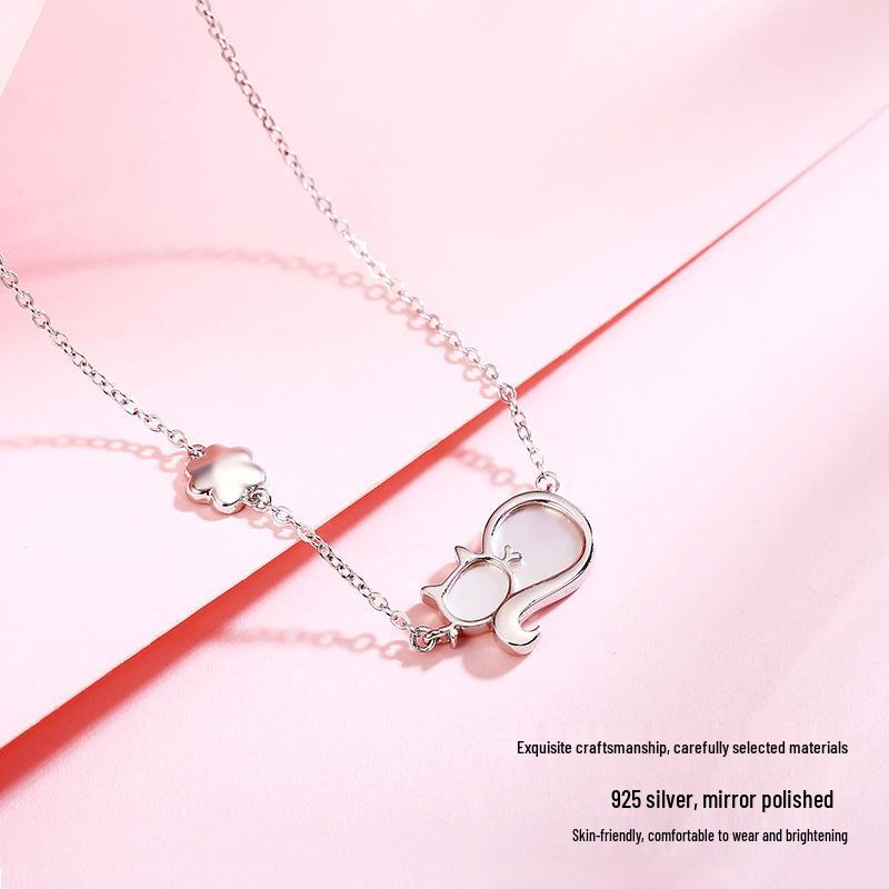 S925 Sterling Silver Little Cat Necklace with White Mother-of-Pearl Pendant - Versatile, Niche Design, Clavicle Chain for Women