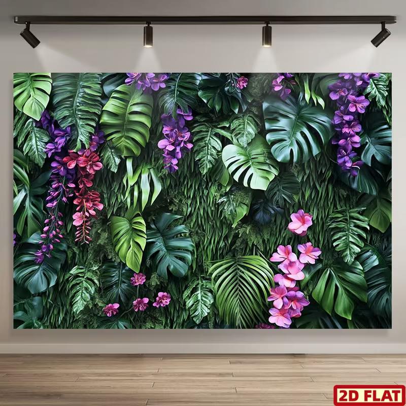 2D Tropical Monstera Leaf Purple Plumeria Floral Green Moss Wall Backdrop 47.2x31.5inch/120*80cm
