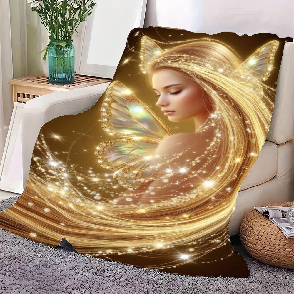 Enchanted Fairy Blanket - Cozy Plush Throw featuring a Woman with Golden Hair and Crystal Butterfly Wings, Ethereal Design with