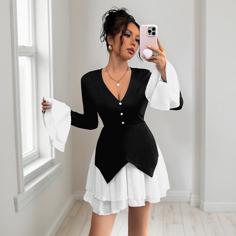 New Elegant Women's Style Long Sleeved Contrasting Skirt with Ruffle Edge Autumn Dress