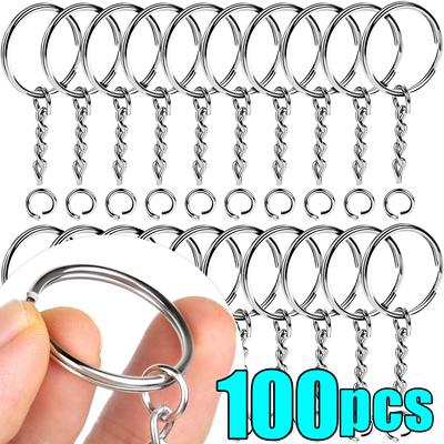 Lot de 20/100 porte-clés vierges en métal avec anneaux fendus, porte-clés, fermoir mousqueton, porte-clés, pendentif, anneaux en acier inoxydable