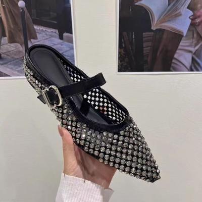 Fashion Crystal Women Slippers Hollow Mules Shoes Woman Pointed Toe Flat Sandals 2025 Trend Shallow Marie Janes Shoes Dress Mesh Slides