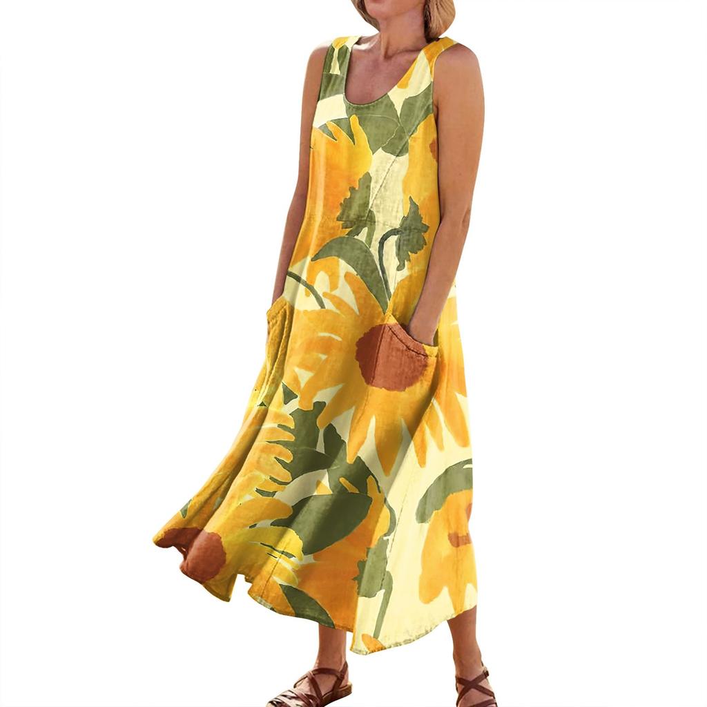 Women's Summer Casual Fashion Printed Sleeveless Round Neck Pocket Dress