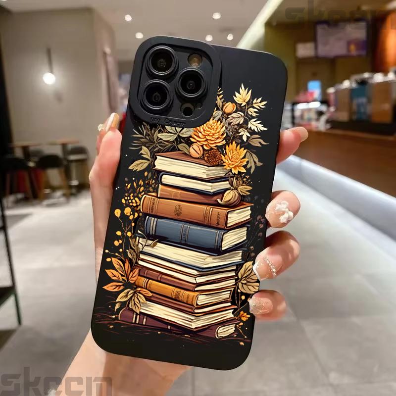 Vintage Purple Bookcase Painted Phone Case For iPhone 16 15 14 13 12 11 Pro Max Mini XS X XR 7 8 16 Plus Silicone Soft Cover