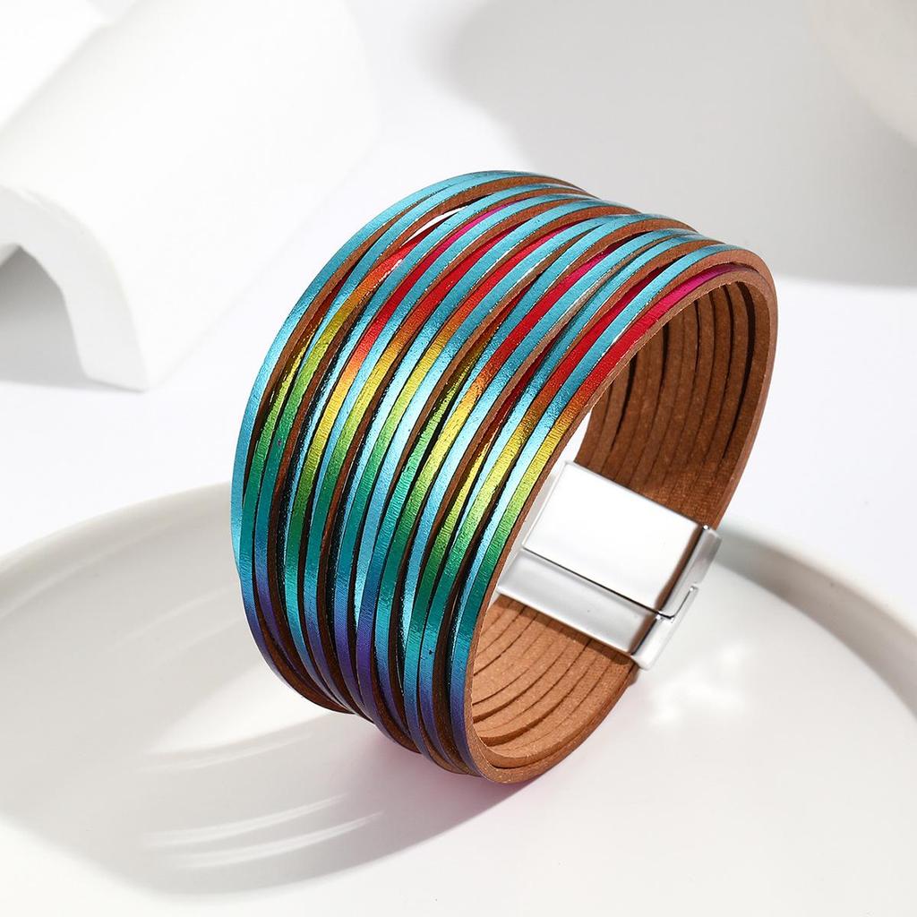 Gradient Multi-Strand Men's and Women's Bracelet with PU Leather Cord and Magnetic Clasp.