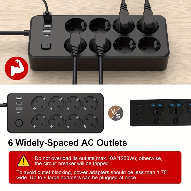 EU Plug AC Outlet Power Strip Multitap Extension Cord Electrical Socket Black Power Board with Surge Protector 2500W