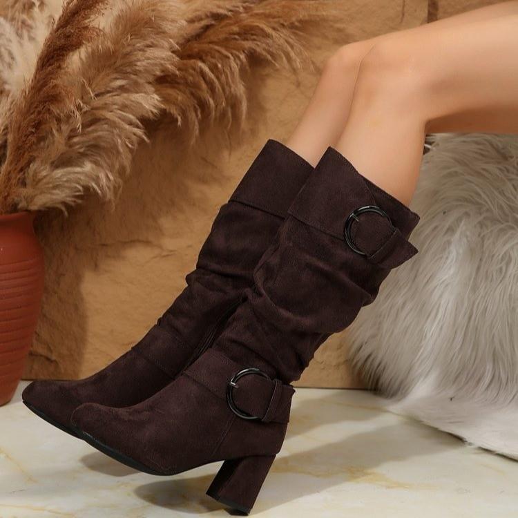 Winter Elegant Black Knee High Boots Women Classic Brown High Heelsmid-calf Boots Keep Warm with Zipper Big Size 43 Boots Women