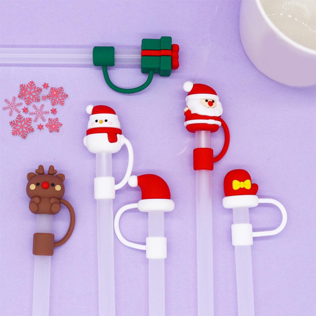 6 Stück Weihnachten Silikon Strohhalm Abdeckungen Staubdicht Trinkhalm Kappen Topper Cartoon Ornament Strohhalm Deckel für Becher Tasse
