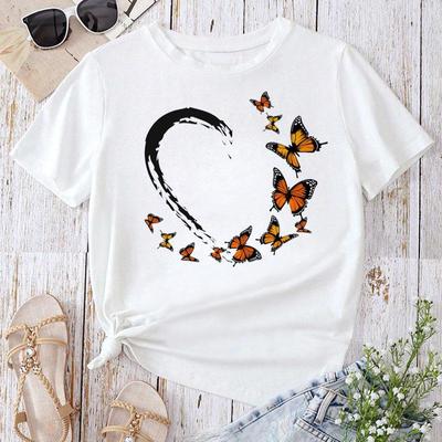 Love Heart Butterfly Print New Cheap Fashion Women T-shirt Short Sleeve Casual Tops Ladies Summer Clothes