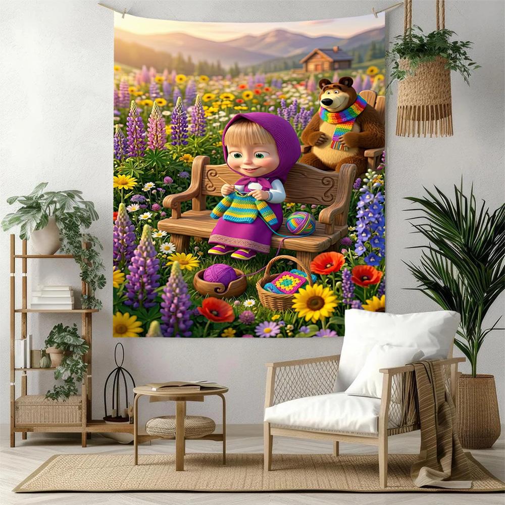 Masha Bear Wall Decor Tapestry Art For Pet Memorial Birthdaywedding Party Backdrop Family Gift