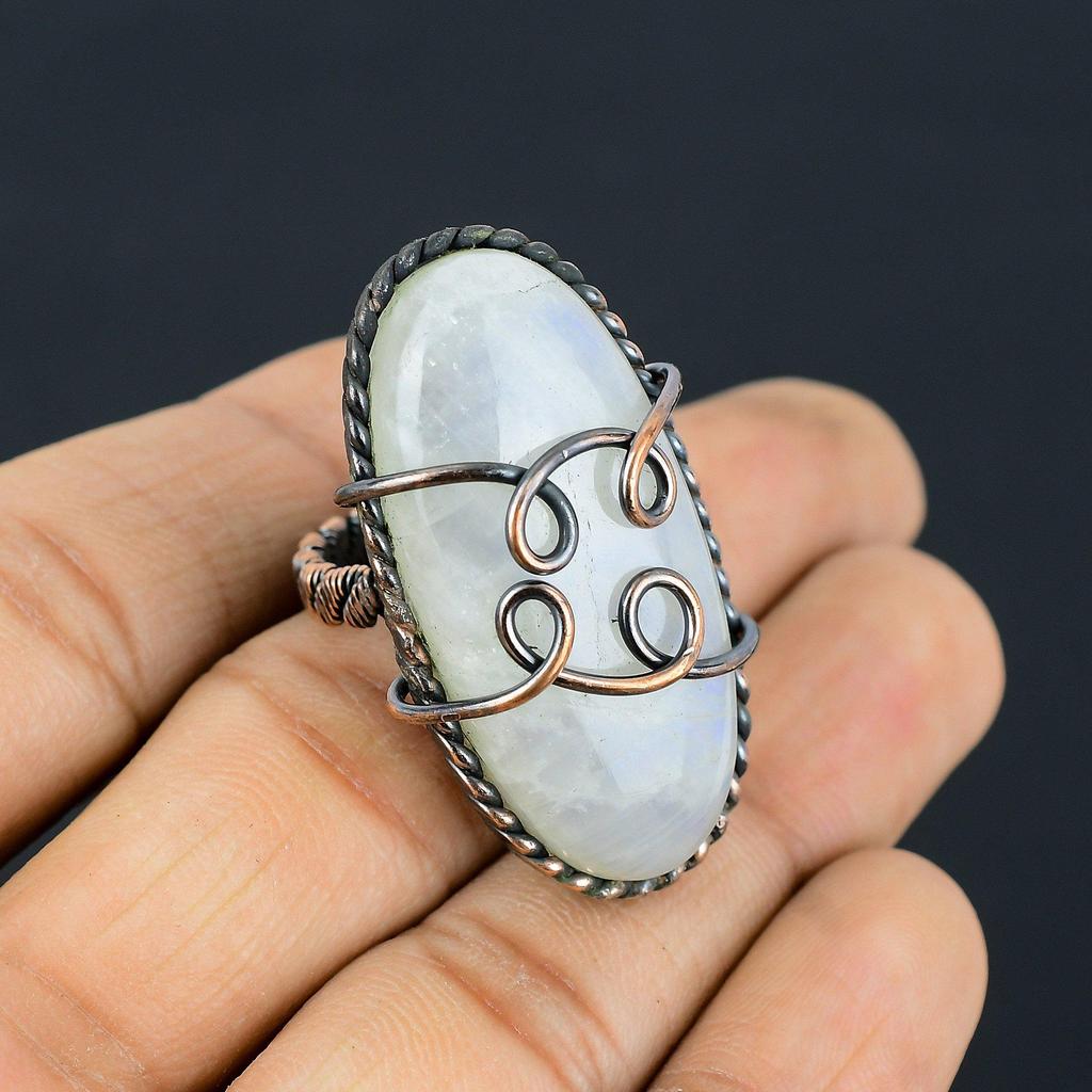 Moonstone Gemstone Copper Wire Wrapped Handmade Jewelry Ring For Wedding Gift