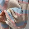Beauty Melts~ Pink and Blue Contrast Color Loose Crew Neck Pullover Striped Knitted Sweater Women's Autumn and Winter