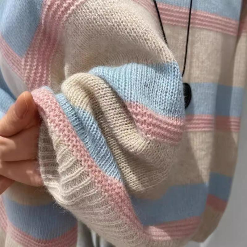 Beauty Melts~ Pink and Blue Contrast Color Loose Crew Neck Pullover Striped Knitted Sweater Women's Autumn and Winter