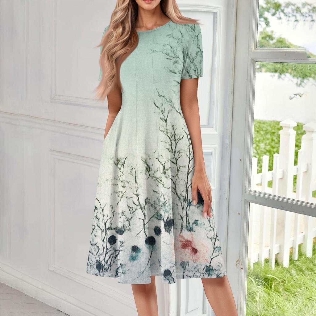 Women's Casual Fashion Round Neck Short Sleeve Print Midi Dress