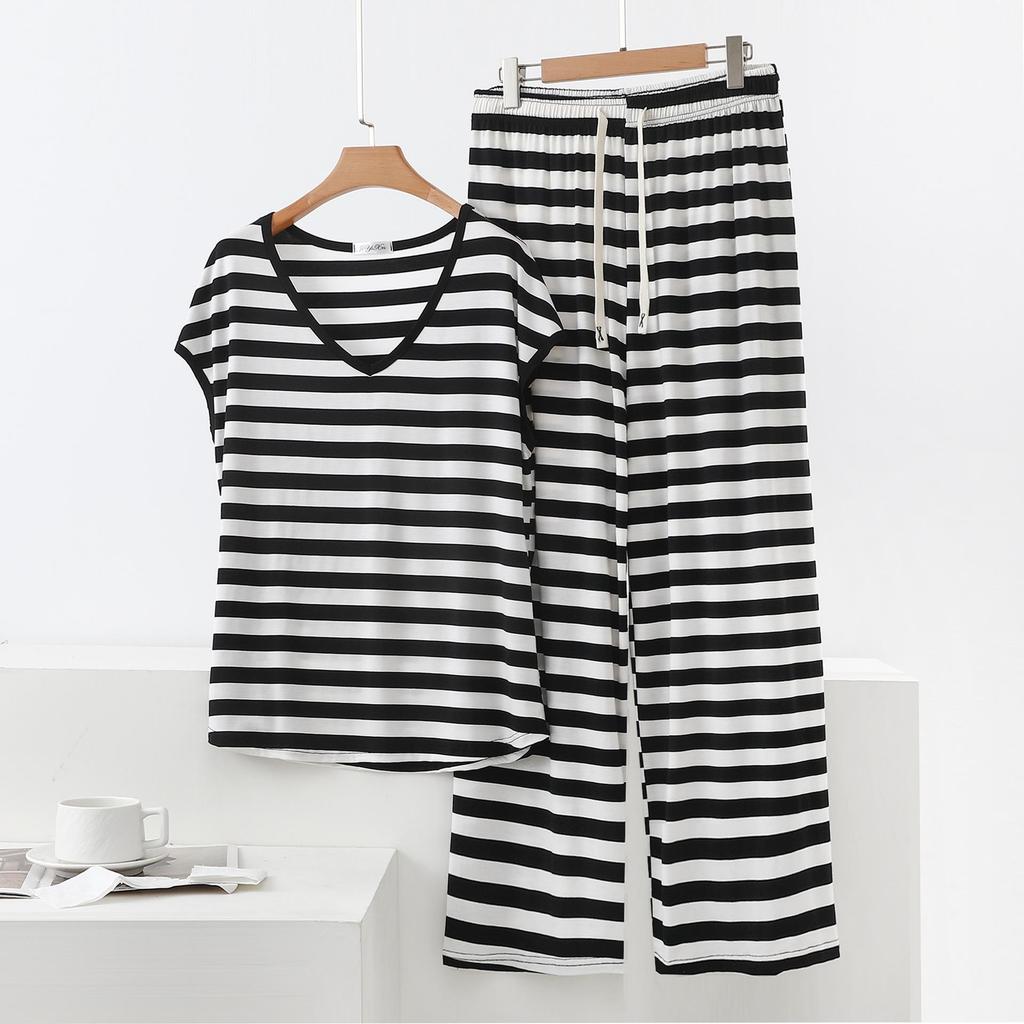 Modal Black & White Striped V-Neck Sleeveless Casual Two-Piece Women's Set with Long Pants