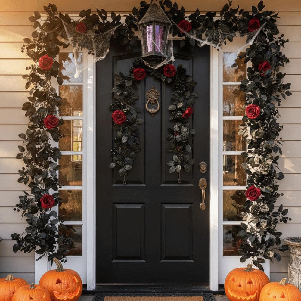 Reusable Artificial Black Rose Vine Flexible Spooky Gothic Wreath Staircase Handrail