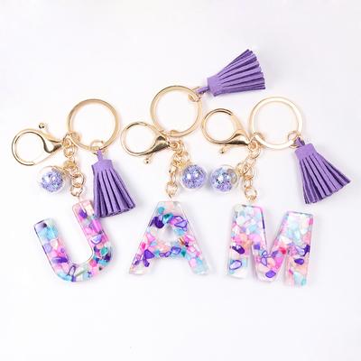 Gradiente roxo 26 letras resina carro chaveiro roxo estrela fragmentos pequena bola pingente mochila ornamentos chaveiro para presentes