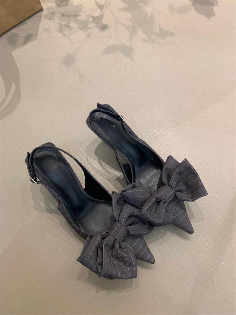 

High heels women s striped bow gray temperament pointed kitten heel temperament sexy white low heel bag head sandals 40