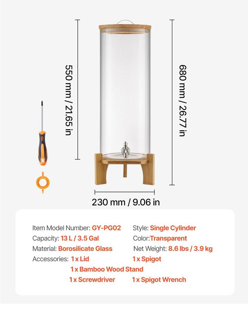 Drink Dispenser 13L Beverage Dispenser for Parties Glass with Stand